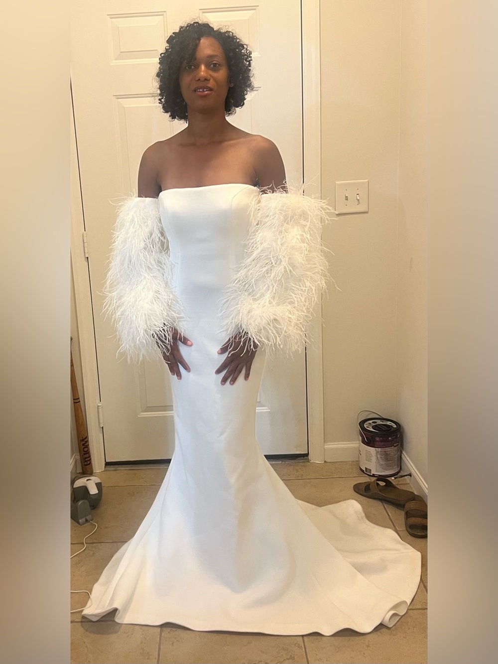 Jovani JB07433 Strapless Mermaid Bridal Gown with Feather Sleeves, Size 2